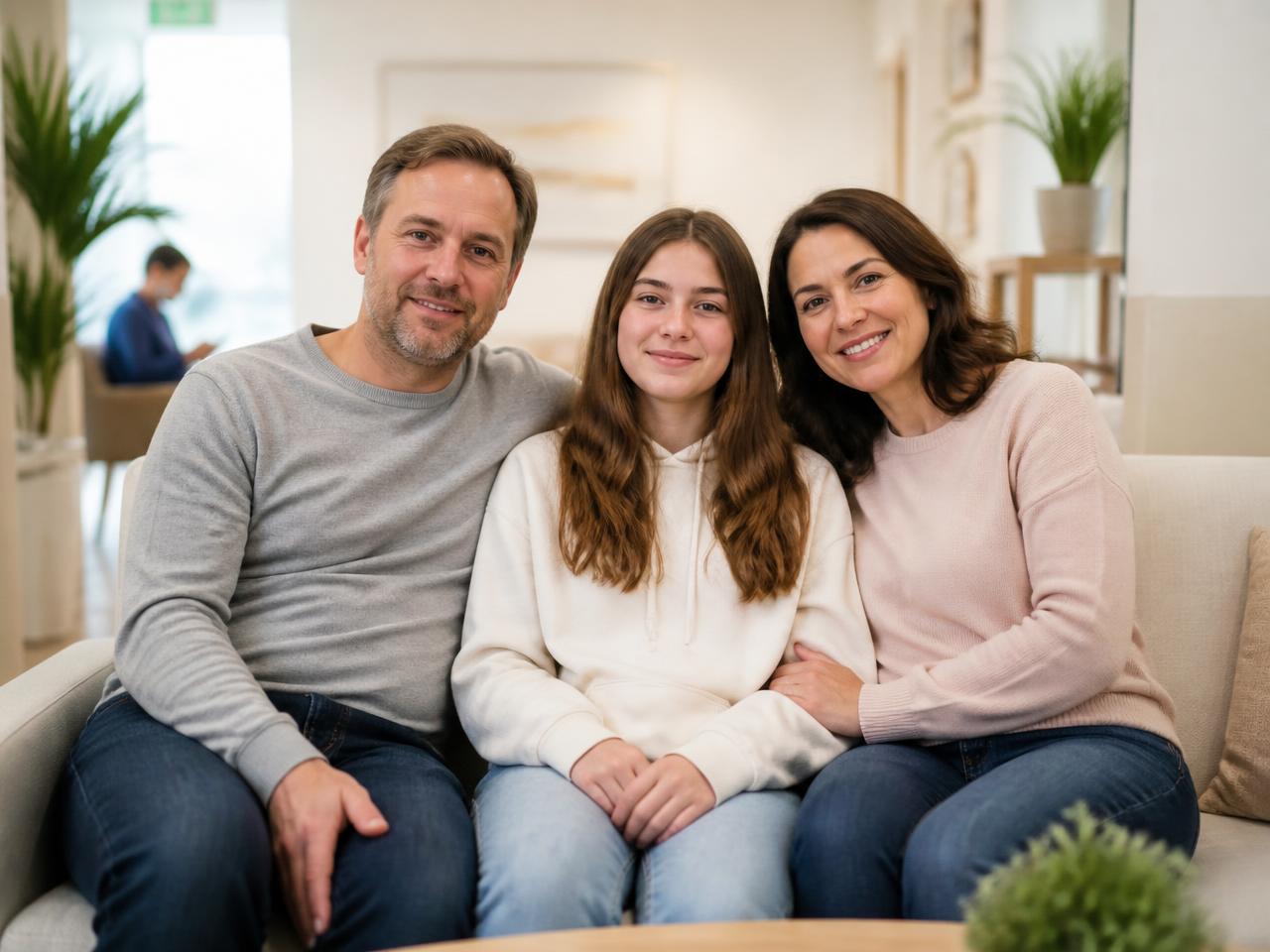 Família reunida em um ambiente claro e acolhedor da clínica