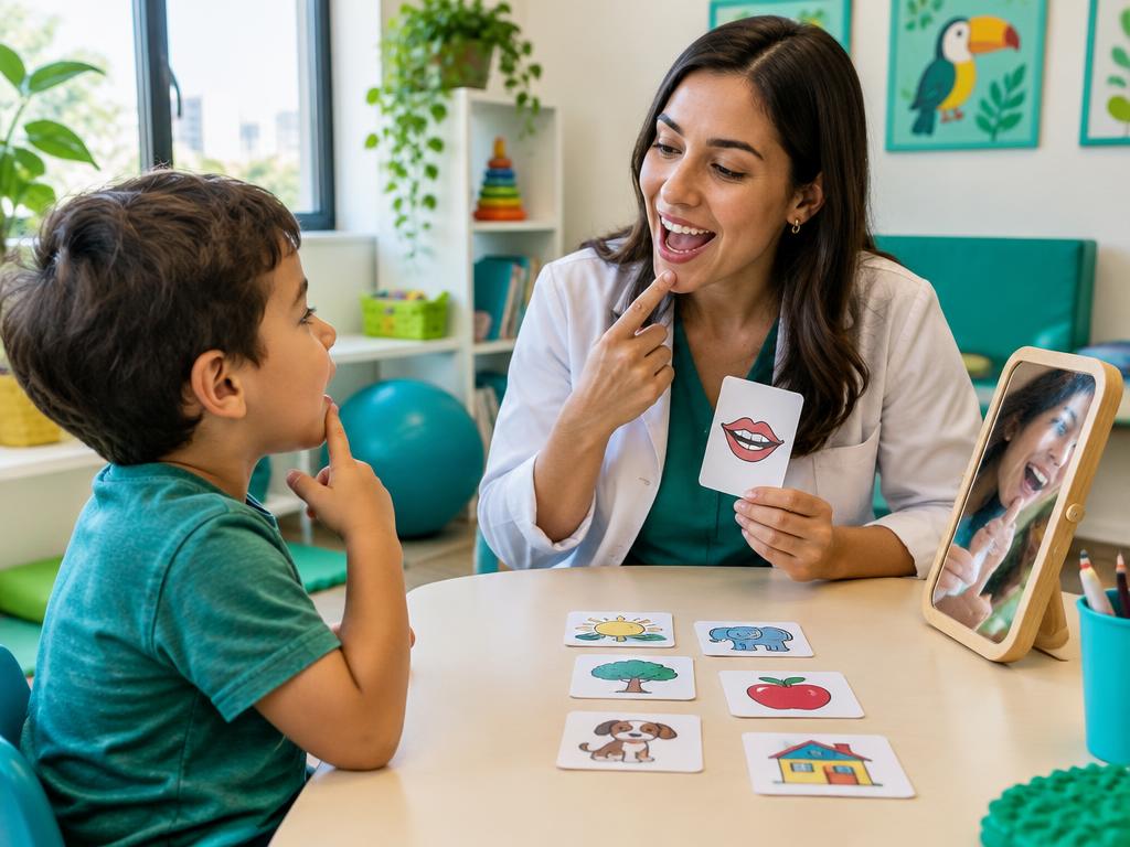 Criança em sessão de fonoaudiologia com recursos visuais