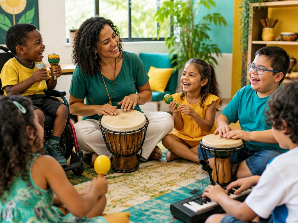 Crianças participando de sessão inclusiva de musicoterapia